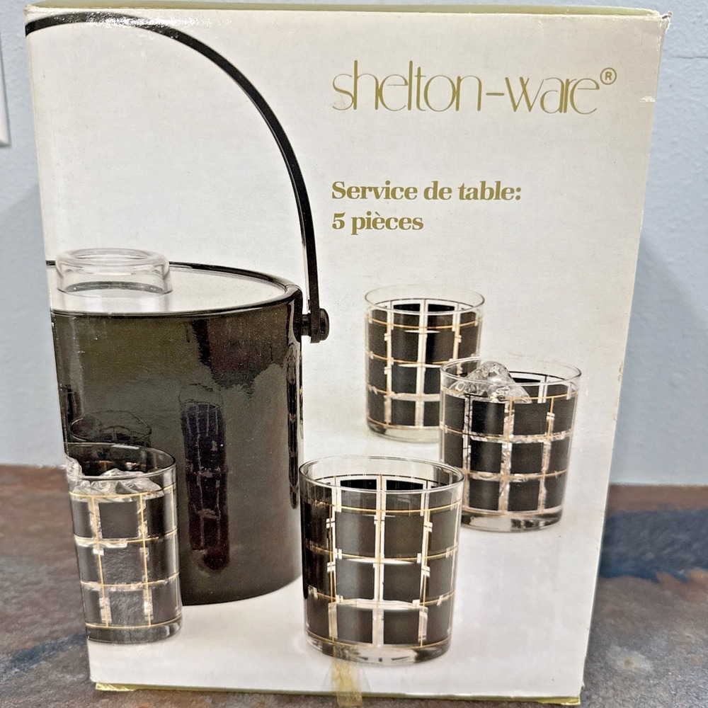 Vintage Shelton-Ware Ice Bucket & 4 Glasses MCM Black Gold Grid Barware Set NIB